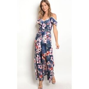 Miss Love Maxi‎ Dress Medium Blue Pink Floral Print Sleeveless Lace Trim Belt